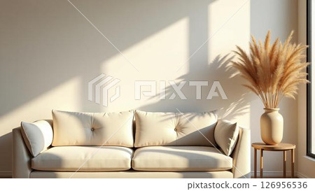A sleek, unadorned sofa sits in a sunlit space adorned with soft pampas grass plumes 126956536