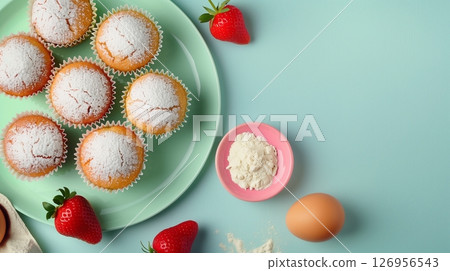 Gluten free muffin strawberry fruit and flour healthy snack flat lay view on pastel background 126956543