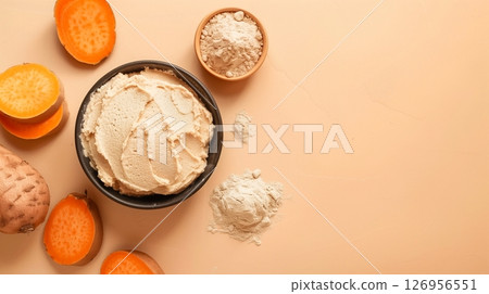 Top of view sweet potato flour cream on plate gluten free healthy snack food 126956551