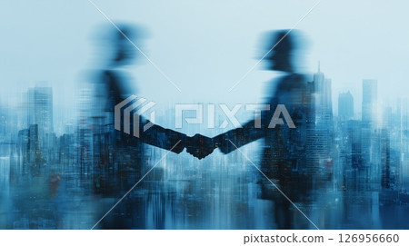 Blurred handshake over futuristic cityscape, business concept 126956660