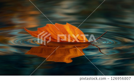 Fallen autumn leaf drifting gently across still water 126956807