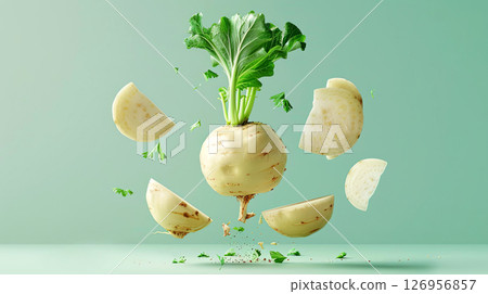 Ethereal turnip slices floating in mid-air, highlighted by a serene blue background 126956857