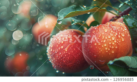 Dew-kissed peaches glisten in the soft morning light, creating a captivating scene of nature beauty 126956885