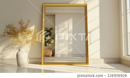Elegant golden mirror in bright minimalist room 126956926