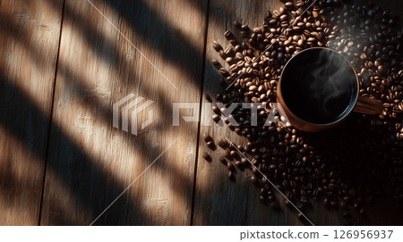 Cup of hot coffee with scattered beans with copy space, advertising concept 126956937
