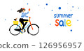 Colorful flat illustration of a woman riding a bicycle with a dog in the basket, next to cheerful summer sale text and playful dots.  126956957