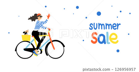 Colorful flat illustration of a woman riding a bicycle with a dog in the basket, next to cheerful summer sale text and playful dots.  126956957