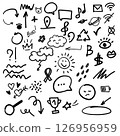 Collection of black hand-drawn doodles including arrows, speech bubbles, weather, emojis, music notes, and abstract symbols on white background.  126956959