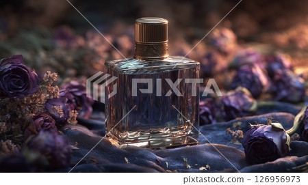 Elegant perfume bottle with lavender and rose accents, advertising concept 126956973