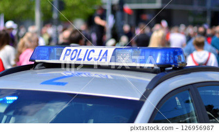 Warsaw, Poland. 25.05.2025. Police sign on police car. Polish police. 126956987
