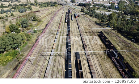 Aerial View of a Freight Rail Yard in Operation Aerial View of a Freight Rail Yard in Operation 126957100