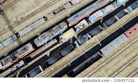 Aerial View of a Freight Rail Yard in Operation 126957132