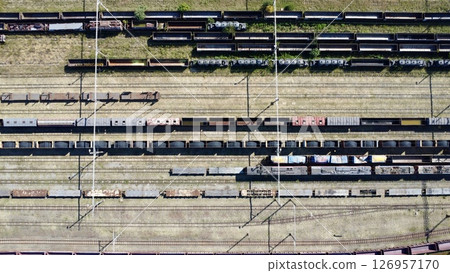 Aerial View of a Freight Rail Yard in Operation 126957170