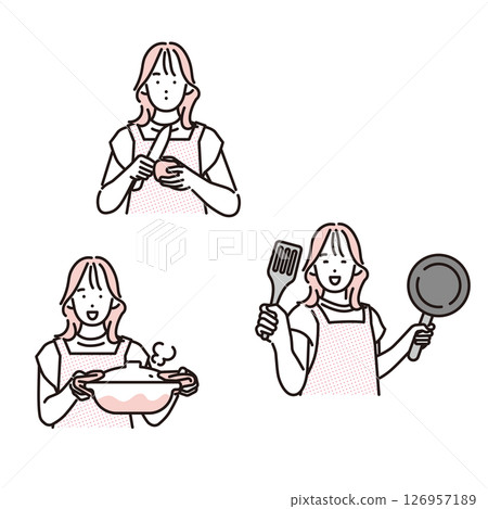 簡單說明一個微笑的女人在做飯 簡單說明一個微笑的女人在做飯 126957189