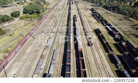 Aerial View of a Freight Rail Yard in Operation 126957216