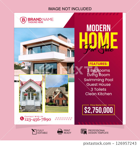Modern Pink and Red Modern Home For Sale Real Estate Social Media Post Vector Template with Features Modern Pink and Red Modern Home For Sale Real Estate Social Media Post Vector Template with Features 126957243