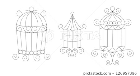Bird cages collection in hand drawn line art doodle style vector set of simple metal cages for birds home decor pet housing minimal sketch vintage look Bird cages collection in hand drawn line art doodle style vector set of simple metal cages for birds home decor pet housing minimal sketch vintage look 126957386