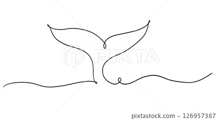 Continuous line whale tail drawing minimalist ocean outline vector illustration in black on white Continuous line whale tail drawing minimalist ocean outline vector illustration in black on white 126957387