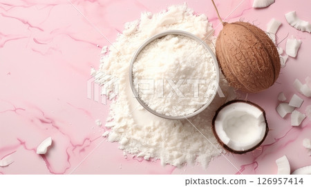 Coconut fruit flour on wooden bowl gluten free for baking flat lay view Coconut fruit flour on wooden bowl gluten free for baking flat lay view 126957414