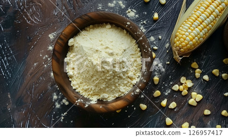 Corn flour vegetable on wooden bowl gluten free for baking recipe healthy food, flat lay view 126957417