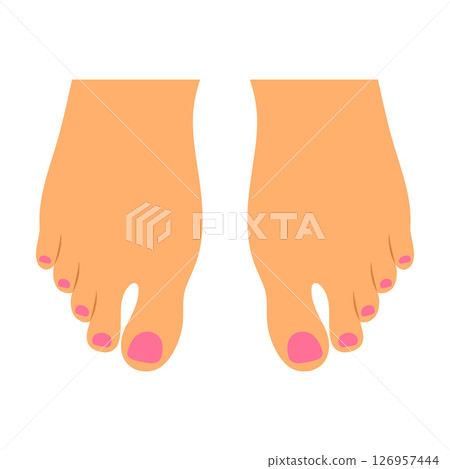 Womens feet sole with painted nails top view. Top of female feet with pedicure. Vector illustration 126957444