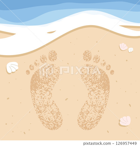 Footprints on the beach with sand and waves. Summer vacation concept. Vector illustration 126957449