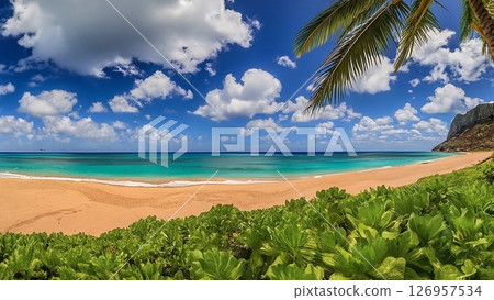 Emerald green sea and white sand beach 126957534