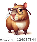 A cute cartoon guinea pig wearing glasses. The animal has a round body, brown fur, and a cheerful expression. It stands on a white background. 126957544