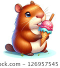 A cute cartoon-style brown guinea pig holding an ice cream cone with pink and blue scoops. The guinea pig has large expressive eyes and a cheerful expression. 126957545