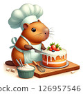 A cartoon capybara wearing a chef's hat and apron, slicing a decorated cake with fruits on top. Baking tools and cream are on the table. 126957546