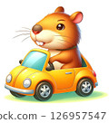 A cartoon hamster with orange fur drives a small yellow car. The hamster has a cheerful expression and large eyes, showcasing a playful and whimsical scene. 126957547