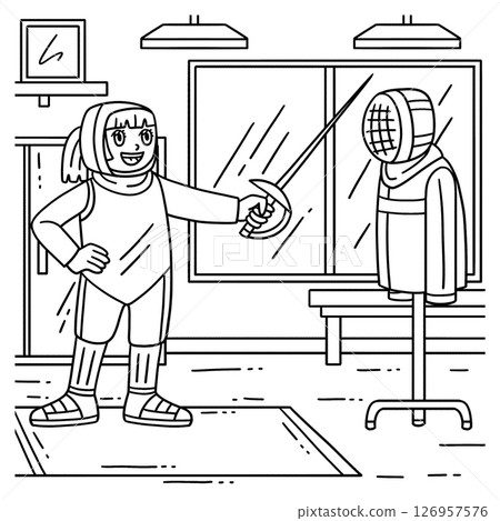 Fencing Female Fencer Practicing Dummy Coloring Fencing Female Fencer Practicing Dummy Coloring 126957576
