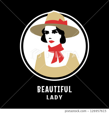 Woman in a hat logo, emblem on a dark background. 126957615