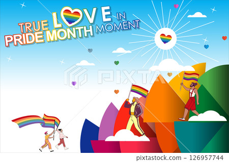 Celebrate True Love in Pride Month Moment with this vibrant vector template background, featuring a colorful LGBT rainbow design and joyful figures. Perfect for Pride Month campaigns for vector. 126957744