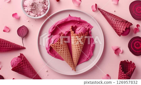 Ice cream with waffle cone natural coloring sweet snack food 126957832