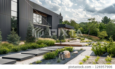 Modern architecture meets nature in this elegant, minimalist building surrounded by lush greenery Modern architecture meets nature in this elegant, minimalist building surrounded by lush greenery 126957906