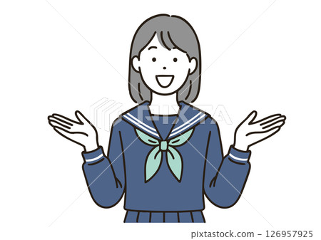 A high school girl in a sailor suit talking with her hands outstretched 126957925