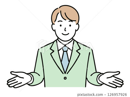 A man in a suit explaining with his arms outstretched 126957926