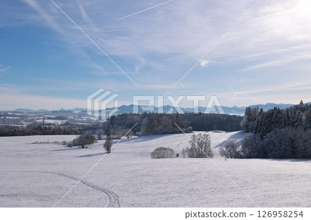 A snowy field with trees in the background 126958254