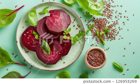 Flat lay vegetable of beetroot slice, spinach and flaxseed organic botanical plant on white plate 126958269