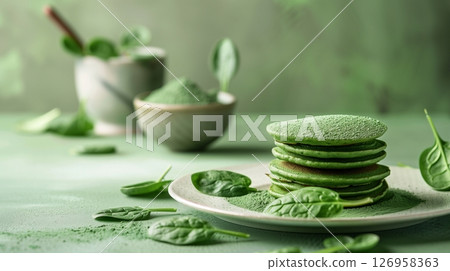 Spinach pancakes stack gluten free flour on plate healthy lifestyle 126958363