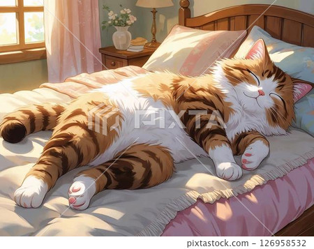 A soothing illustration of a fluffy cat sleeping boldly in bed 126958532