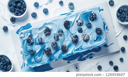 Blueberry extract loaf cake bread with cream flat lay homemade Blueberry extract loaf cake bread with cream flat lay homemade 126958607