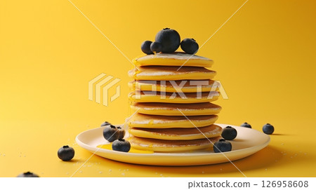 Blueberry pancake stack homemade on white plate and yellow background Blueberry pancake stack homemade on white plate and yellow background 126958608