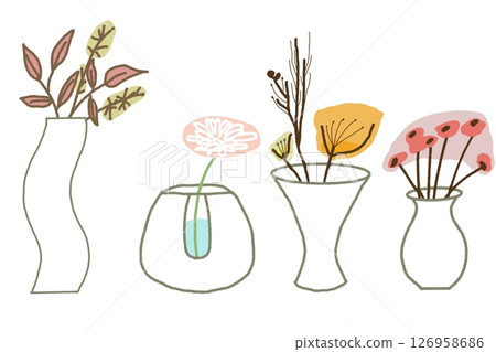 鮮花和器皿的手繪風格插畫素材 126958686