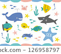 Cute sea creature illustration set: fish, whales, sharks, crabs, starfish, etc. 126958797