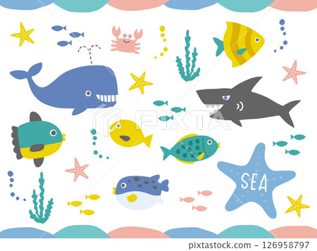 Cute sea creature illustration set: fish, whales, sharks, crabs, starfish, etc. Cute sea creature illustration set: fish, whales, sharks, crabs, starfish, etc. 126958797