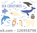 Illustration set of sea creatures: seal, sea otter, whale, garden eel, polar bear, penguin, dolphin, sunfish 126958798