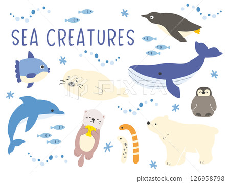 海洋生物插圖集:海豹、海獺、鯨魚、花園鰻、北極熊、企鵝、海豚、翻車魚 海洋生物插圖集:海豹、海獺、鯨魚、花園鰻、北極熊、企鵝、海豚、翻車魚 126958798