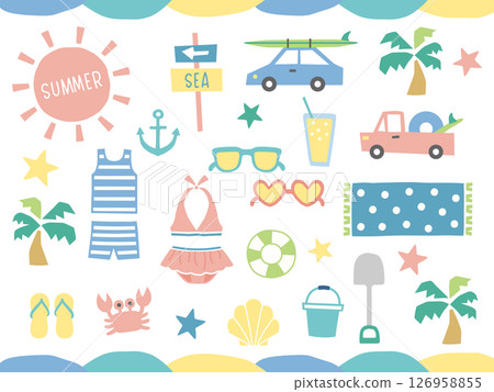 Summer, sea and beach illustration set (recommended for summer vacation leisure materials and children's materials) Summer, sea and beach illustration set (recommended for summer vacation leisure materials and children's materials) 126958855